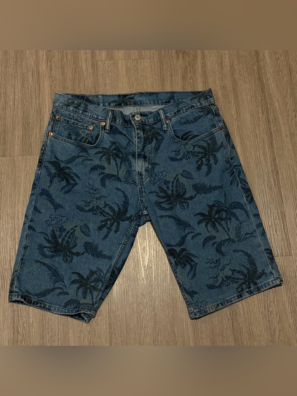 Levi's Men's Regular Size 34 Blue Palm Tree Print Denim 502 Shorts Zip Cotton